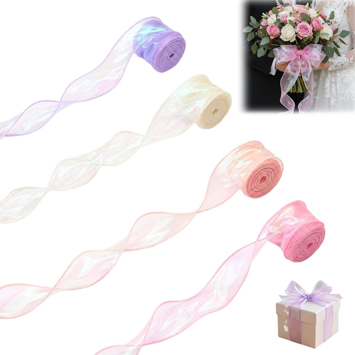 4 rollen - Cadeau lintje - Bloemen lint - Organza lint - Iriserend organza lint - 4cm × 8m per rol - Roze, beige, paars, oranje - decoratielint voor bloemen, strikjes en DIY hobbyprojecten