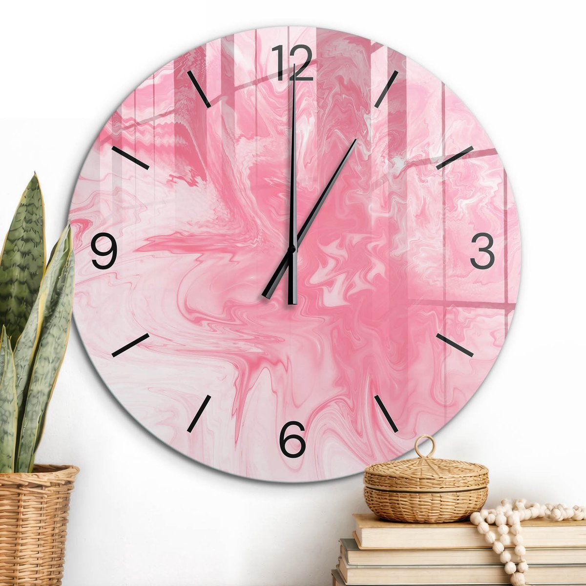ArtPrintCave Roze Glazen Klok - Wandklok 60 cm - Muurklok Rond - Roze Chaos Unieke Klok - Kunst Stille Wandklok - Zwarte Klokwijzers