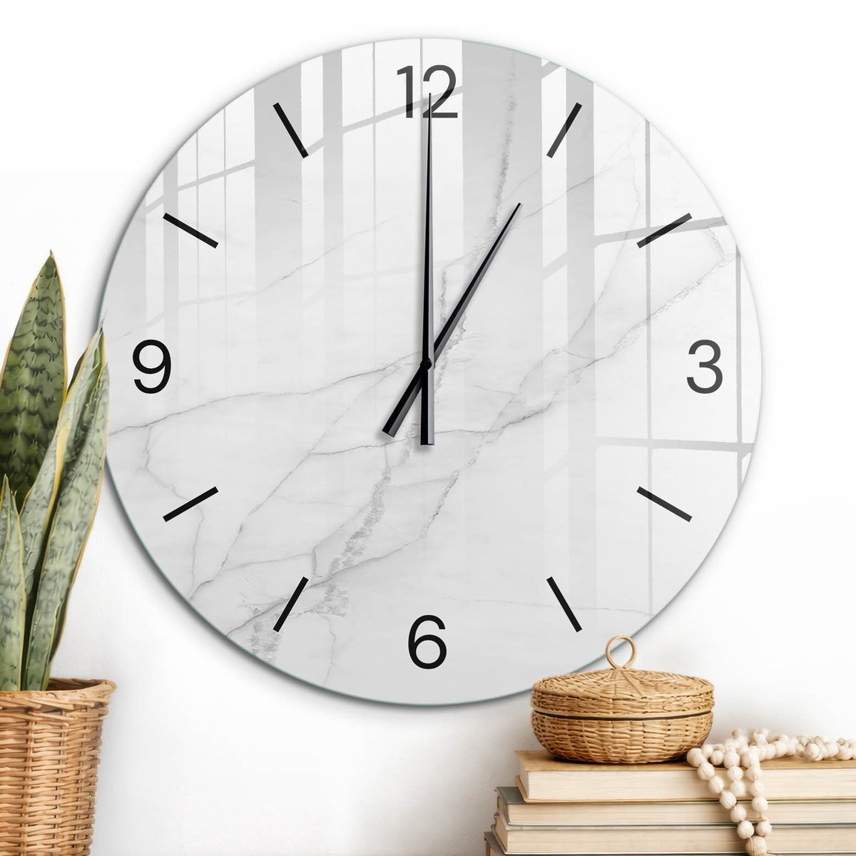 ArtPrintCave Wit Glazen Klok - Wandklok 60 cm - Muurklok Rond - Marmer Minimalisme Stille Wandklok - Achtergronden En Patronen Wandklok Keuken - Zwarte Klokwijzers