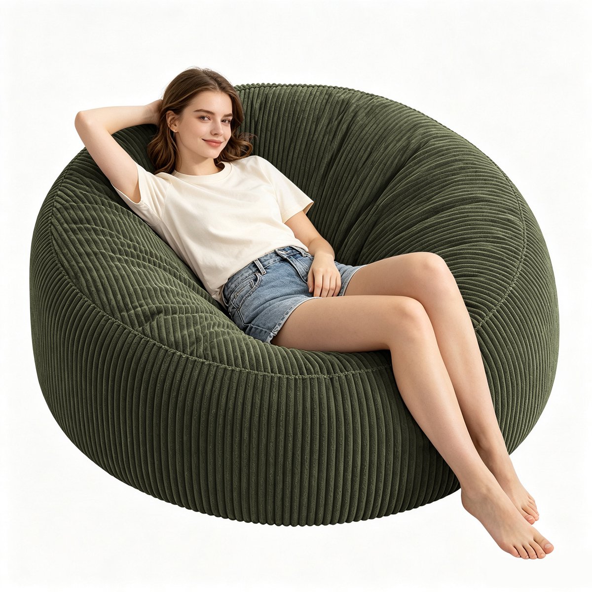 Ropilly Extra Grote Zitzak - Ronde Lounge Stoel - Traagschuim Vulling - Groene Ribstof - Woonkamer & Slaapkamer - 143 cm