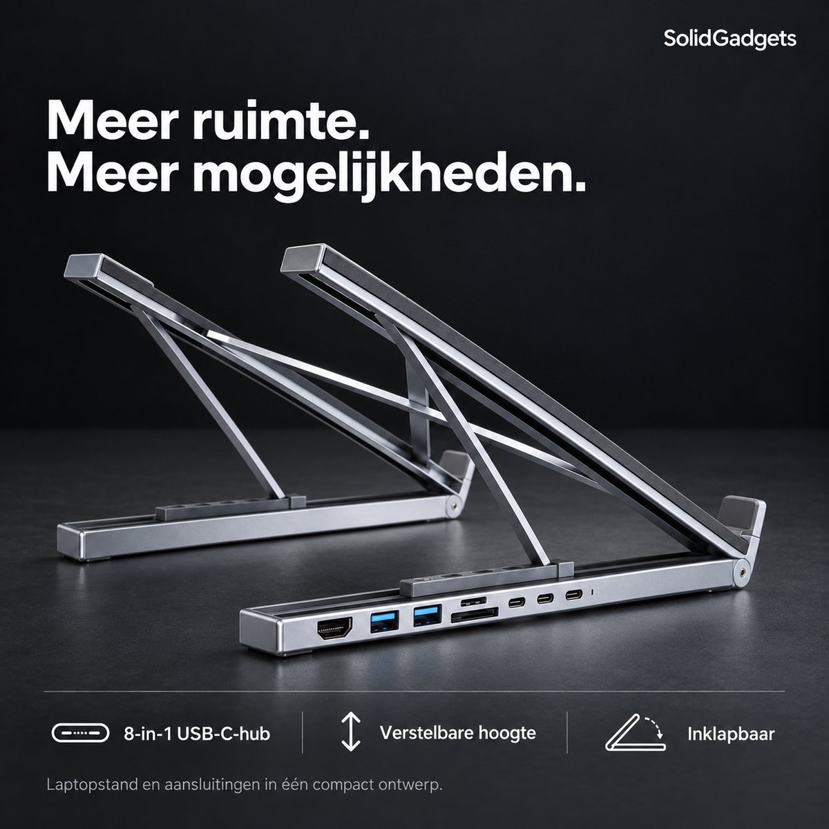 SolidGadgets 2-in-1 Laptopstandaard & USB-C Docking Station 8 in1 - HDMI 4K - Aluminium - Ergonomisch Laptopstandaard thumbnail 5
