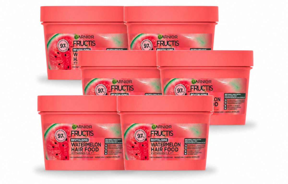 6 x Garnier - Fructis Hair Food Watermelon - 3-in-1 Haarmasker - Futloos Haar - 400 ml - Voordeelverpakking - 6 stuks