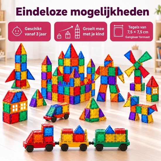 Magnetische tegels in regenboogkleuren, vormen kastelen, robots, treinen en huizen.