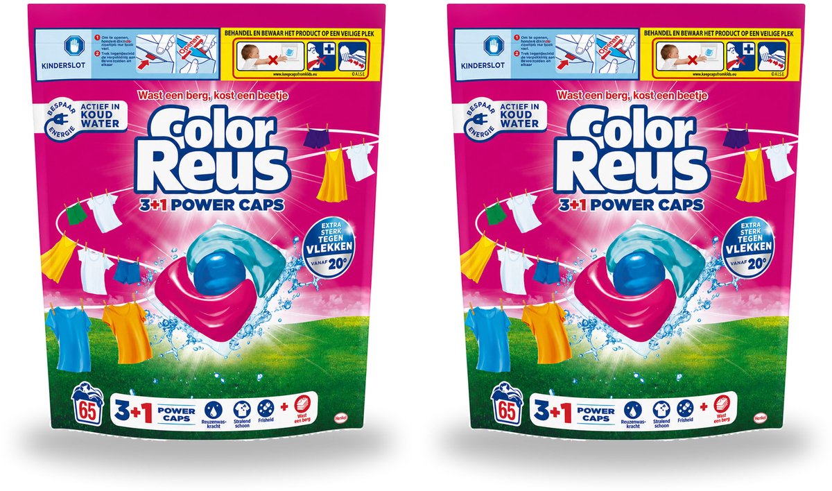 2 x Color Reus - 3+1 Power Caps - Gekleurde Was - 65 Wasbeurten - Bulkverpakking - 2 stuks