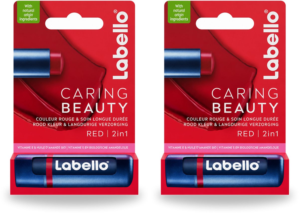 2 x Labello –Lippenbalsem – Caring Beauty Red – 5,5 ml - Bulkverpakking - 2 stuks