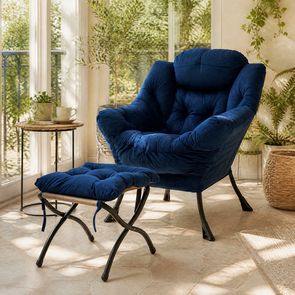 MEUNIQ Relaxfauteuil met hocker en voetsteun, armleuningen en zijvak, polyester stof en metalen frame, 72 x 80 x 93 cm, donkerblauw