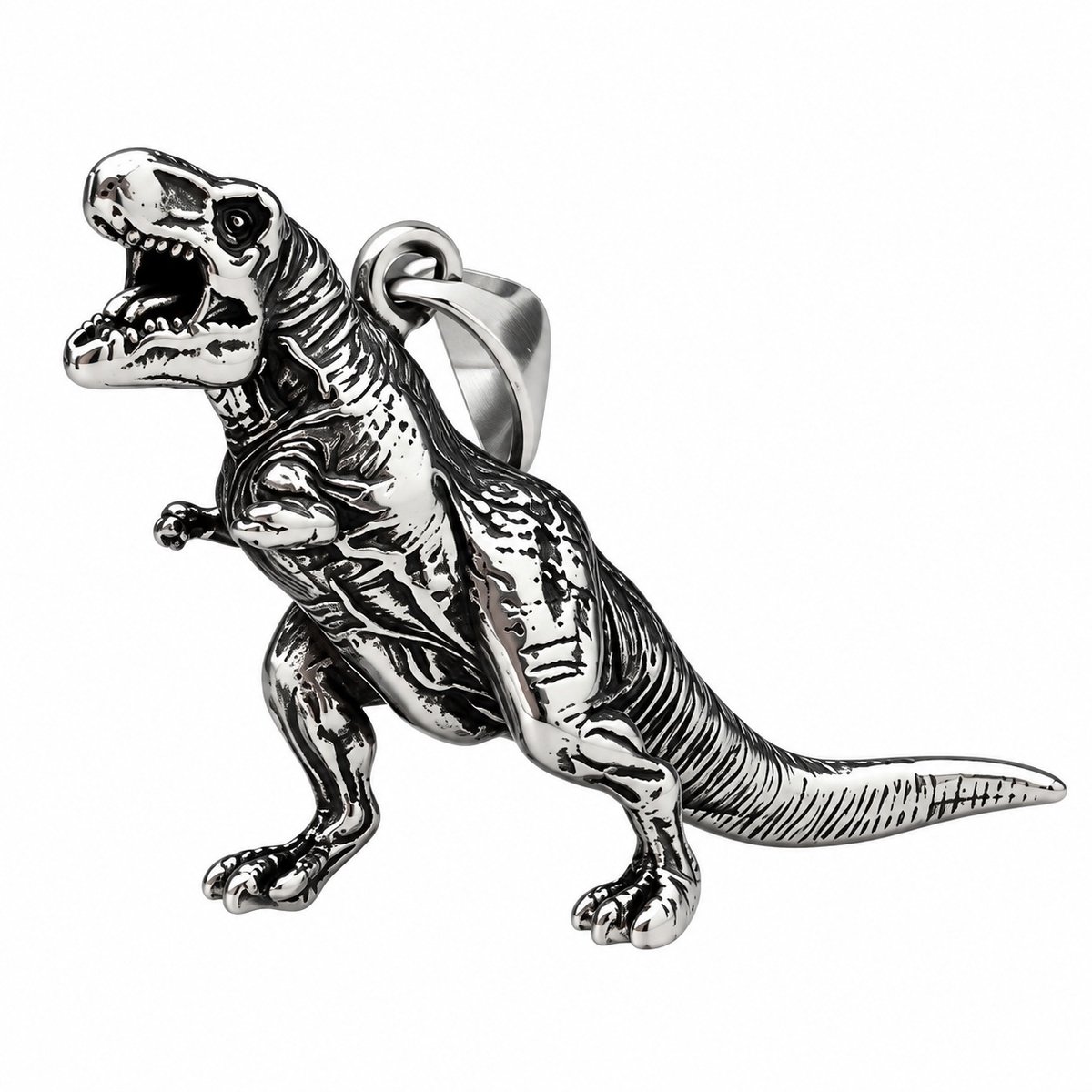 Mitear T-Rex Ketting – Stainless Steel – Zilverkleurige 3D Dinosaurus Hanger