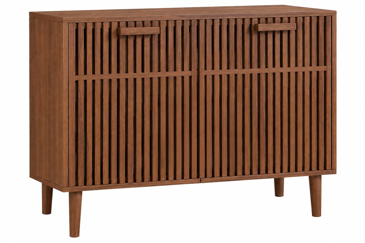 Bresht Dressoir - Opbergkast - Verticale Houtstructuur - Modern - 2 deuren 2 laden - Warme walnootlook - 100 x 35 x 80 cm