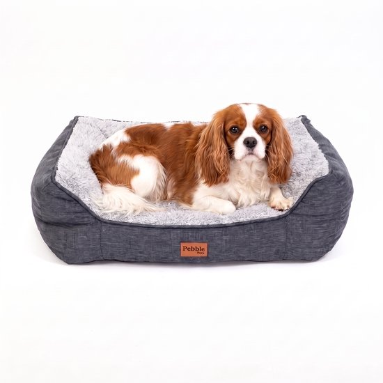 Panier pour chien gris avec un Cavalier King Charles Spaniel couché dedans. Le panier a une doublure douce et claire et un matériau extérieur gris foncé.