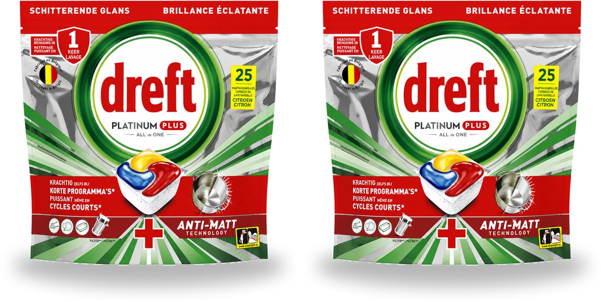 2 x Dreft - Vaatwastabletten - Platinum Plus All-in-One Citroen - Frisse geur - 25 Tabletten - Voordeelverpakking - 2 stuks