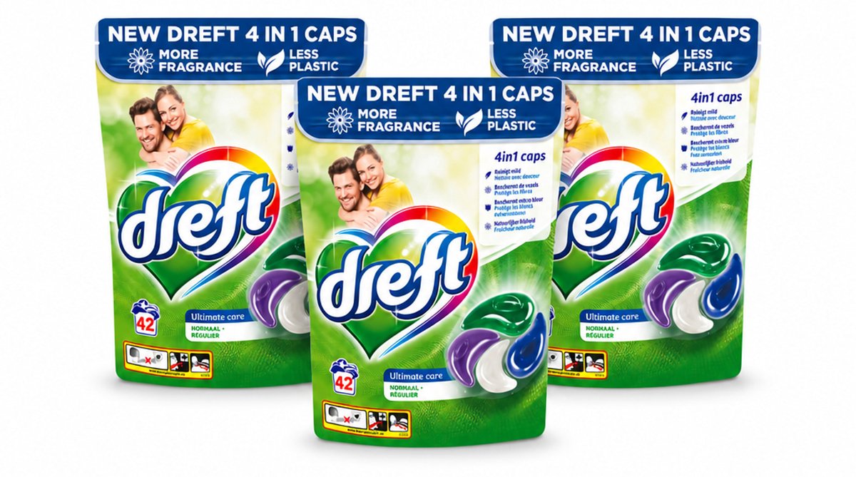 3 x Dreft - Wasmiddelcapsules - Ultimate Care - Zachte verzorging - 42 Wasbeurten - Voordeelverpakking - 3 stuks