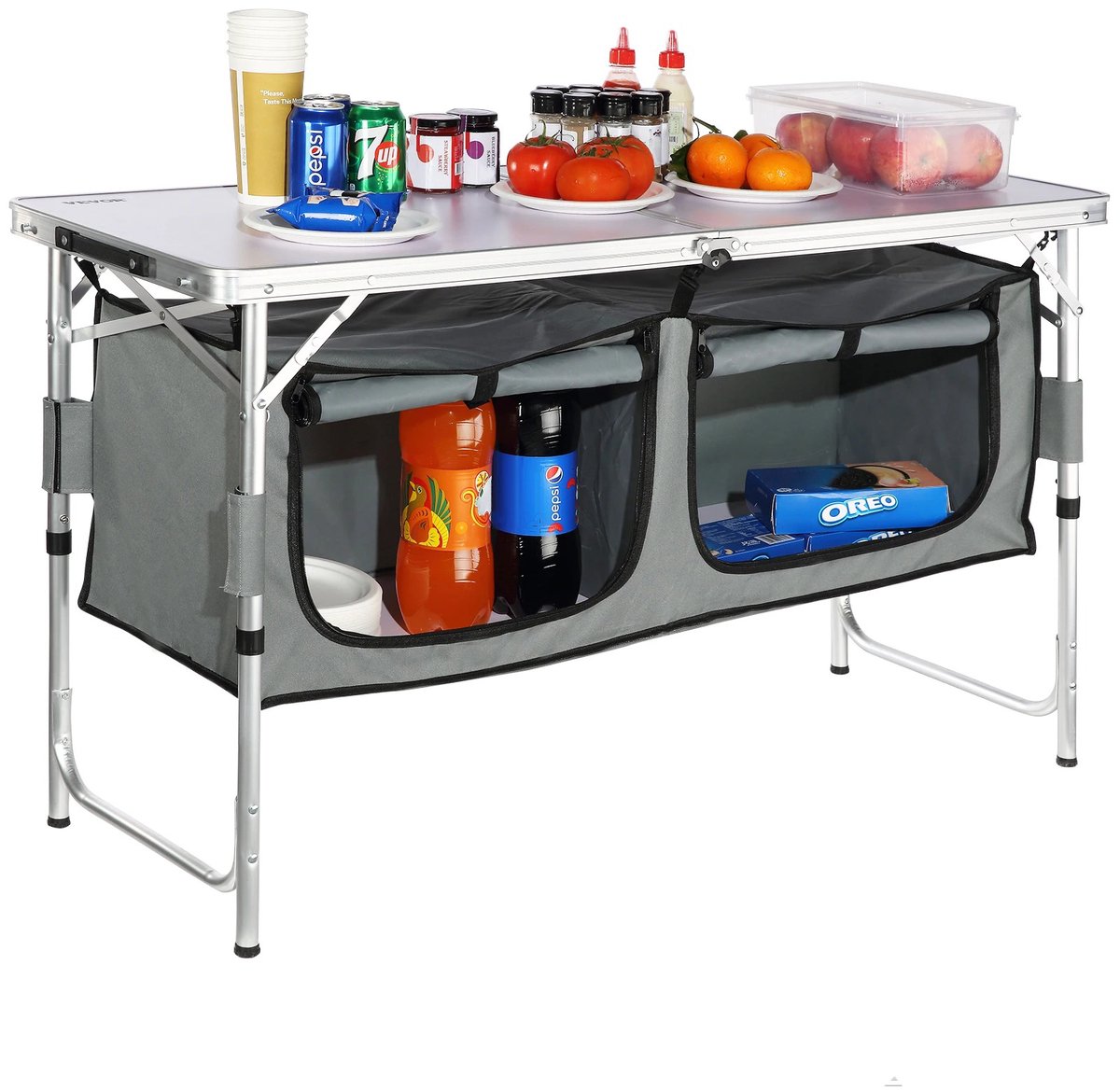 MokoHub Campingtafel Keuken - Opklapbaar - Voor Picknick, BBQ & Camper - 120x47x70 cm - Zilver & Grijs