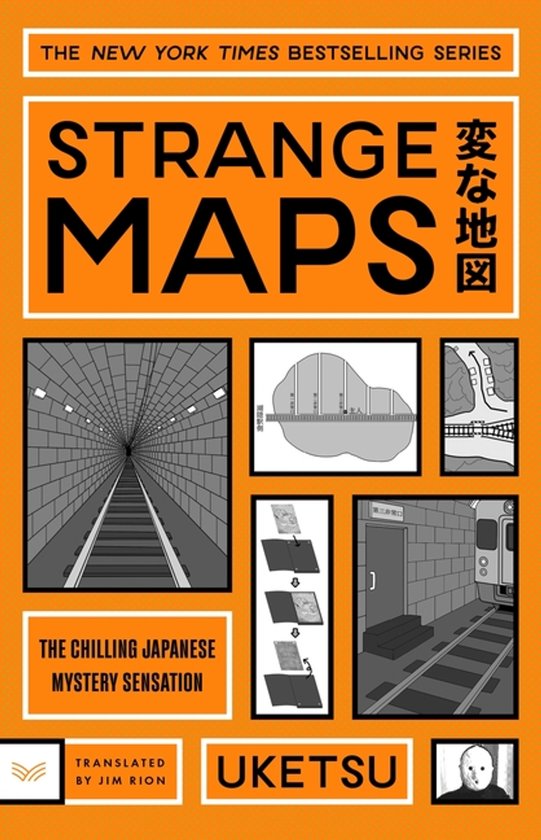 Boekomslag van 'Strange Maps', een bestseller uit de New York Times. Illustraties van een tunnel, kaarten, en een metrostation.
