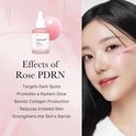 Close-up van een gezicht met een druppelaar met roze serum. Tekst: 'Effects of Rose PDRN', 'Targets Dark Spots', 'Promotes a Radiant Glow', 'Boosts Collagen Production', 'Reduces Irritated Skin', 'Strengthens the Skin's Barrier'.