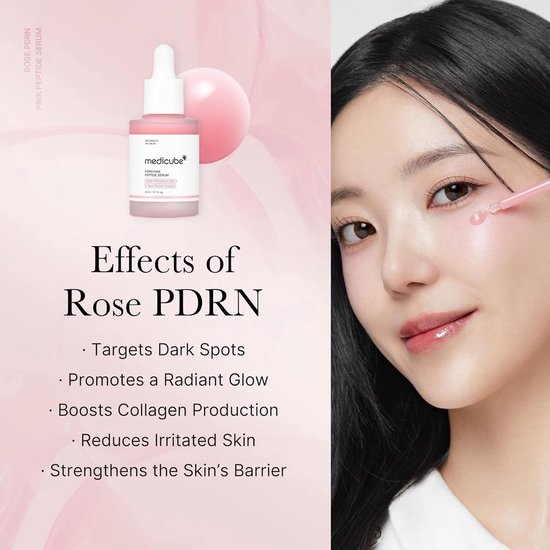 Close-up van een gezicht met een druppelaar met roze serum. Tekst: 'Effects of Rose PDRN', 'Targets Dark Spots', 'Promotes a Radiant Glow', 'Boosts Collagen Production', 'Reduces Irritated Skin', 'Strengthens the Skin's Barrier'.