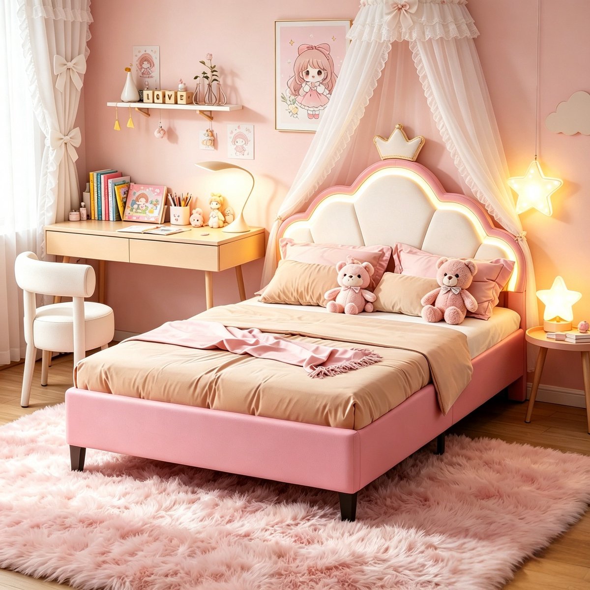 Yelenaro kinderbed 90x200 cm, Gestoffeerd bed met LED, eenpersoonsbed voor meisjes, tienerbed met in hoogte verstelbaar hoofdeinde in de vorm van een kroon, prinsessenbed van fluweel, roze, zonder matras