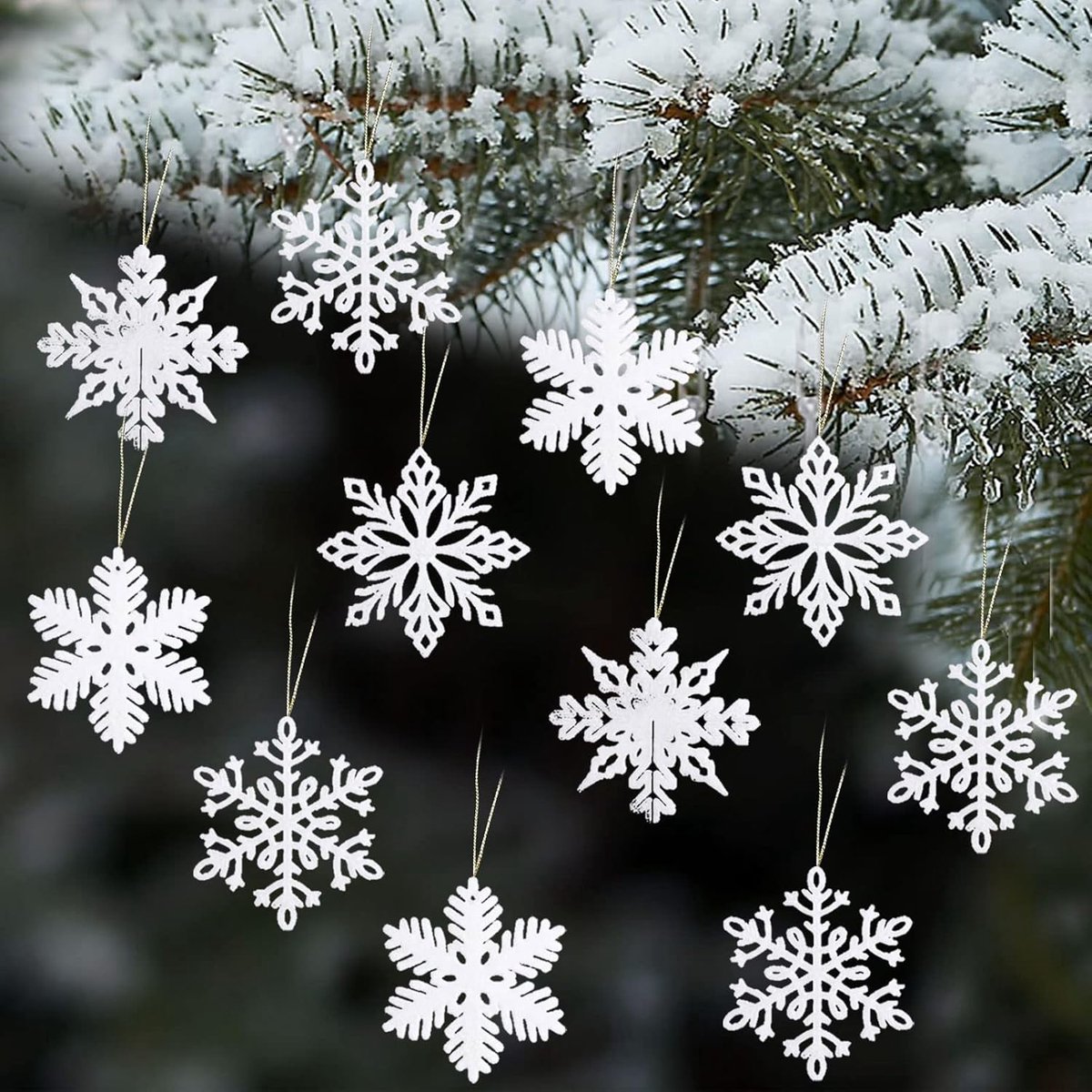 Kerstdecoratie, 24 stuks glitter sneeuwvlokkendecoratie met touwen, kerstboomversiering, op te hangen sneeuwvlokken hanger (wit)