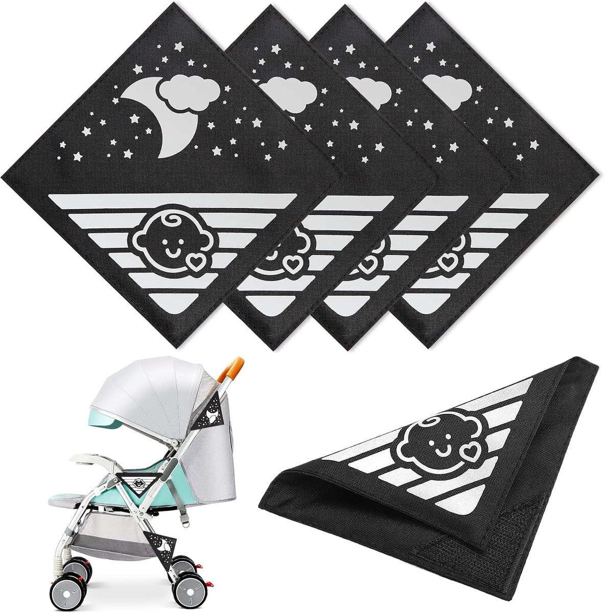 4 stuks reflectoren voor kinderwagen, universele veiligheidsreflectoren met klittenbandsluiting, ideaal voor buggy, fietsen, aanhangers en meer, schattige baby's en wolken, maan, sterren, motief zwart