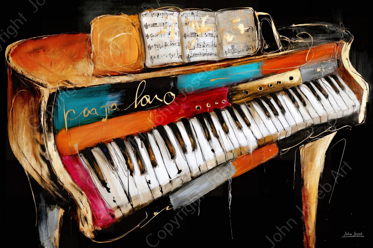 John Joseb Art (Glas) 120x80 | Piano, artistiek abstract, kleurrijk, muziek, kunst | muziekinstrument, goud, rood, geel, blauw, zwart, wit, modern | Foto-schilderij-glasschilderij-acrylglas-acrylaat-wanddecoratie