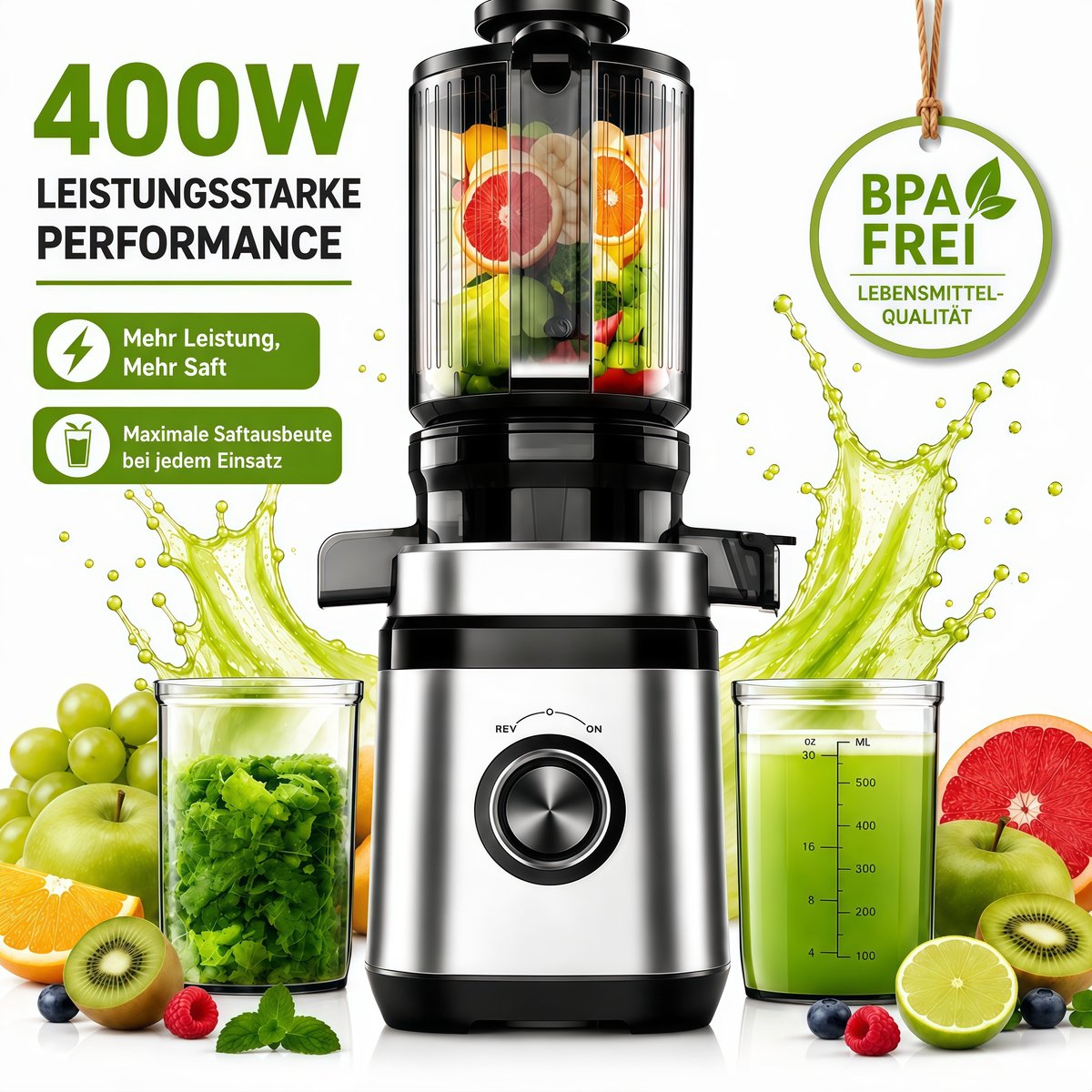 Entsafter für Ganze Gemüse und Obst, 140 mm Breite und Größere Fütterungsröhre 400 W, 2 L Füllvolumen, Leicht zu Reinigender Slow Juicer mit 2 Gläsern