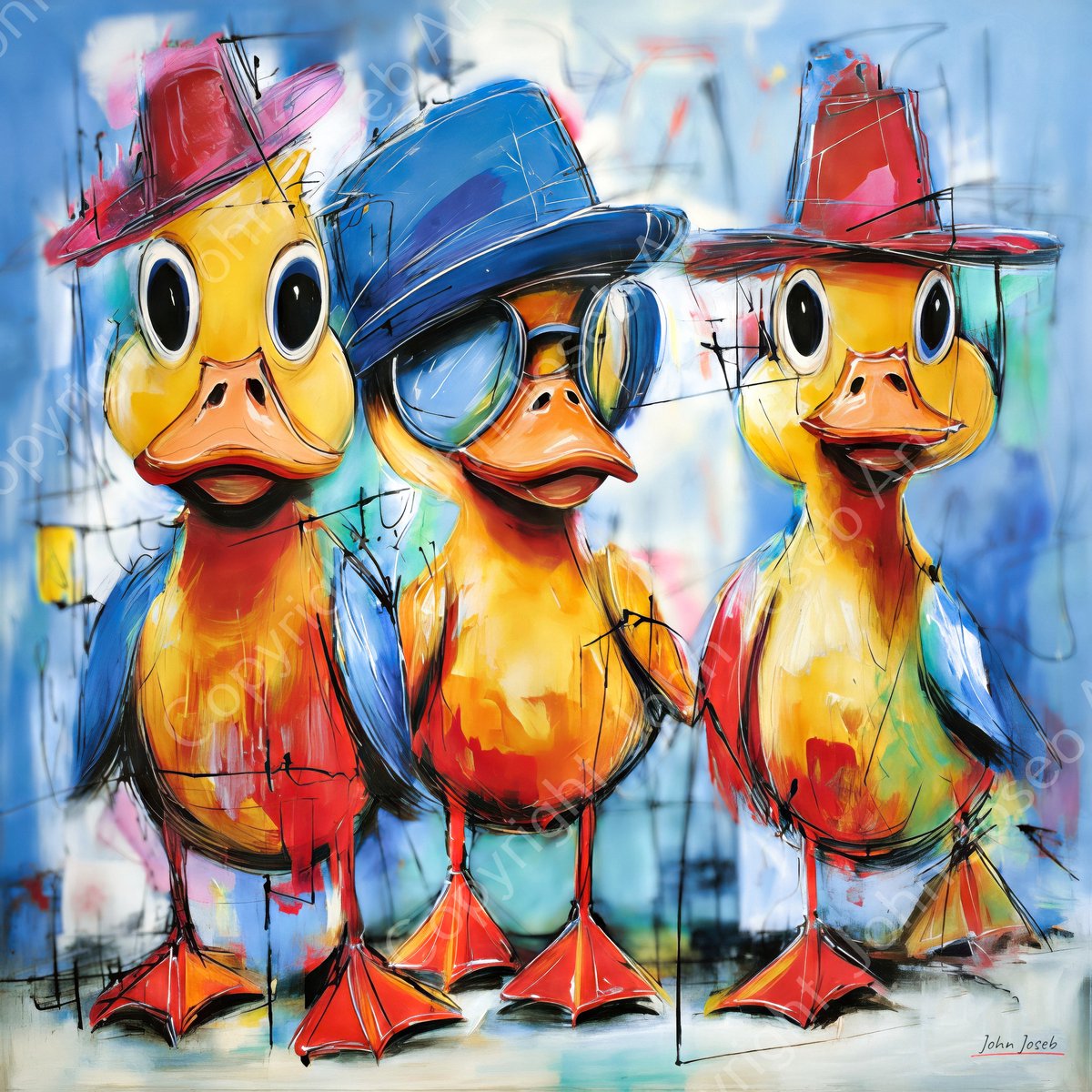 John Joseb Art (Glas) 100x100 | Grappige gekke kuikens, vogel, met bril en hoed, humor, abstract, kleurrijk, kunst, vierkant, kuiken, vogel, eend, rood, geel, blauw, wit, modern | Foto-schilderij-glasschilderij-acrylglas-acrylaat-wanddecoratie