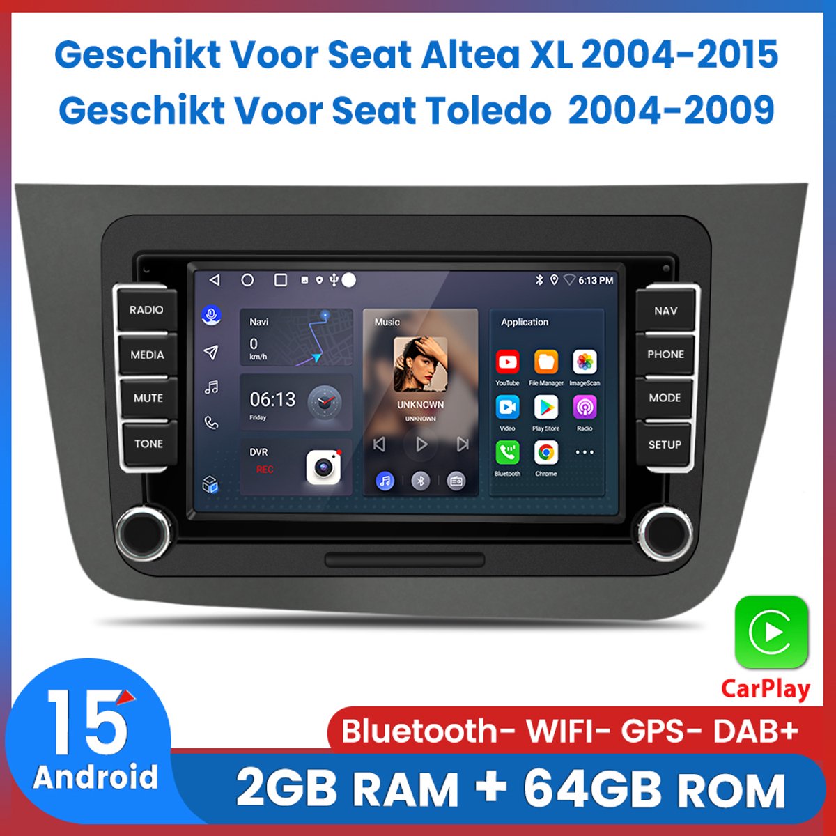 Awesafe Autoradio - Geschikt Voor Seat Altea XL 2004-2015 Seat Toledo 2004-2009 - Draadloos Apple Carplay & Android Auto - Android 15 Systeem - 7 Inch Touchscreen - Radio Scherm - Ram 2GB + Rom 64GB - 4 Core processor - Bluetooth & Wifi GPS Navigatie