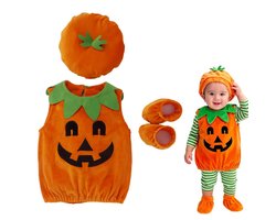 Onesie - Pompoenonesie - Halloween pompoenkostuum - Inclusief muts , schoenovertrekken - Geschikt voor jongens , meisjes - Geschikt voor Halloween, Thanksgiving, verjaardagen ,pompoentuinen - Oranje