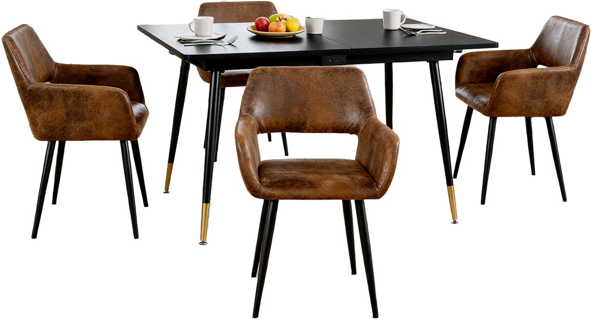 Eetkamerset - Uittrekbare Tafel En 4 Stoelen Met Armleuningen - Bruin