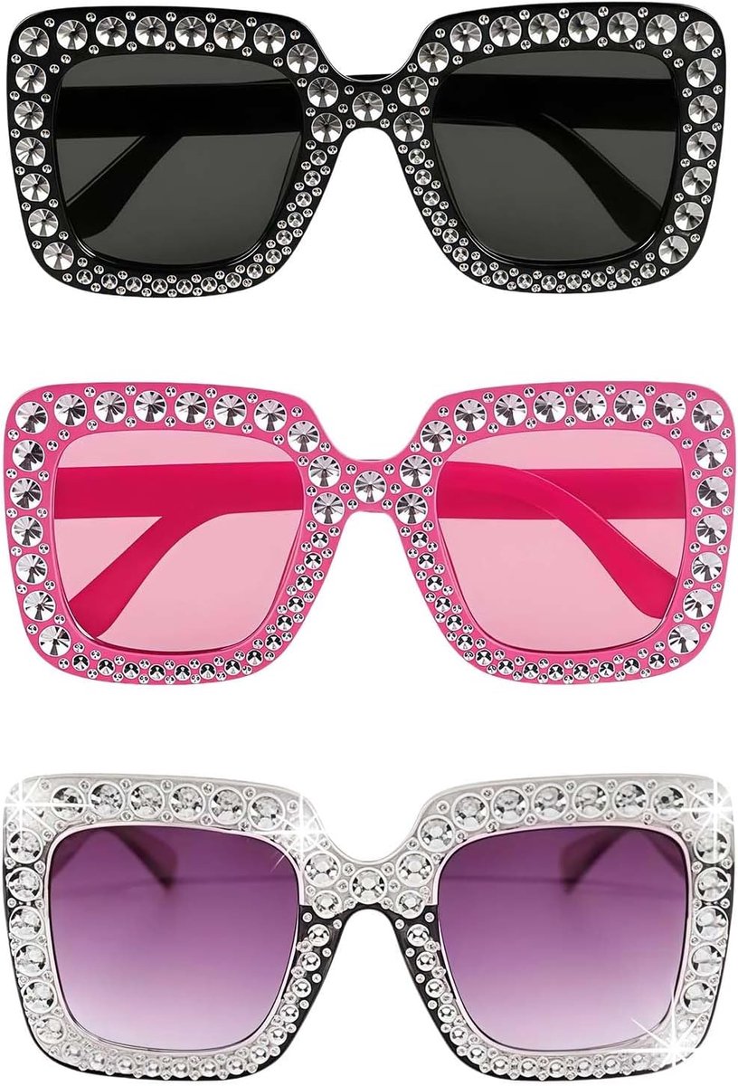 3 stuks discobril, pailletten en discokostuum, bril jaren 80, vintage, voor dames en heren, zonnebril, strass, vierkant, oversized, voor avond, feest, carnaval (zwart, roze, zilver)