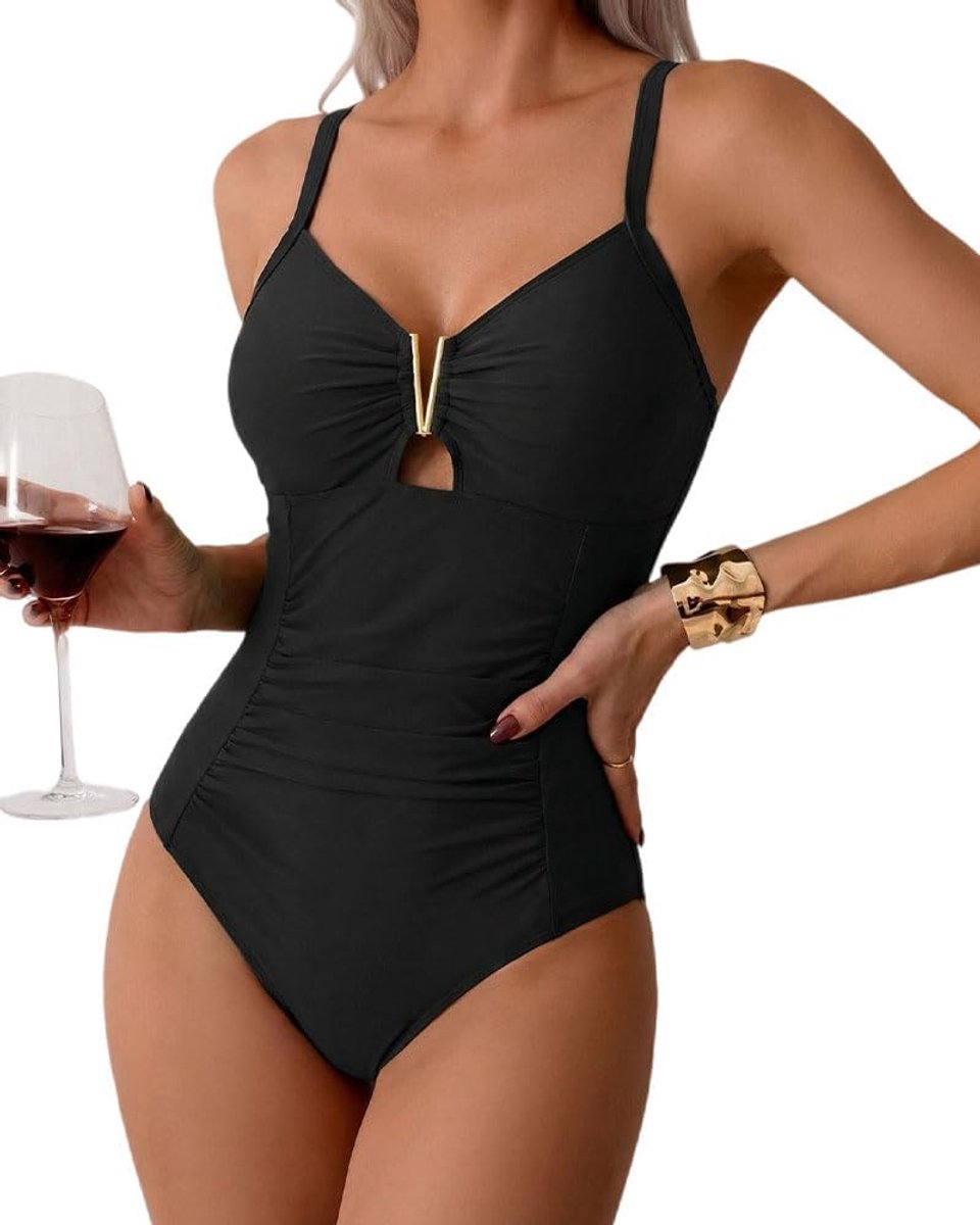 Badpak voor dames, eendelig, figuurvormend, sexy, V-hals, afslankend, push-up, gevoerd, kleurblokkering, badpak, zwembad, strand