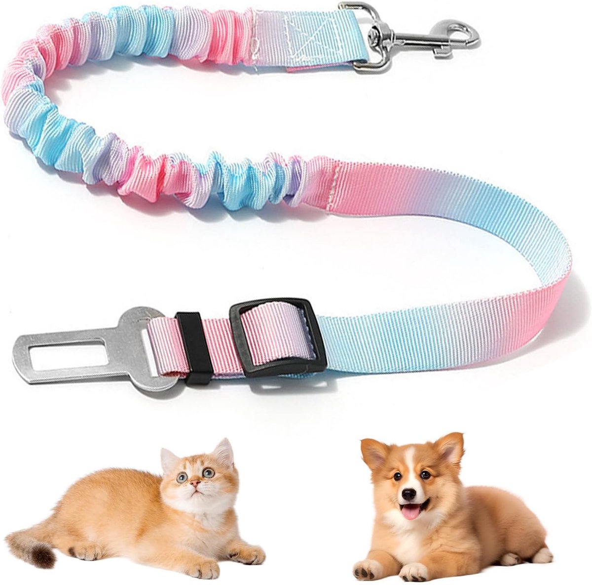 Veiligheidsgordel voor honden in de auto en hondenharnas, goedgekeurd, robuuste metalen gesp, modern tie-dye-design, 1 stuk (blauw en roze)