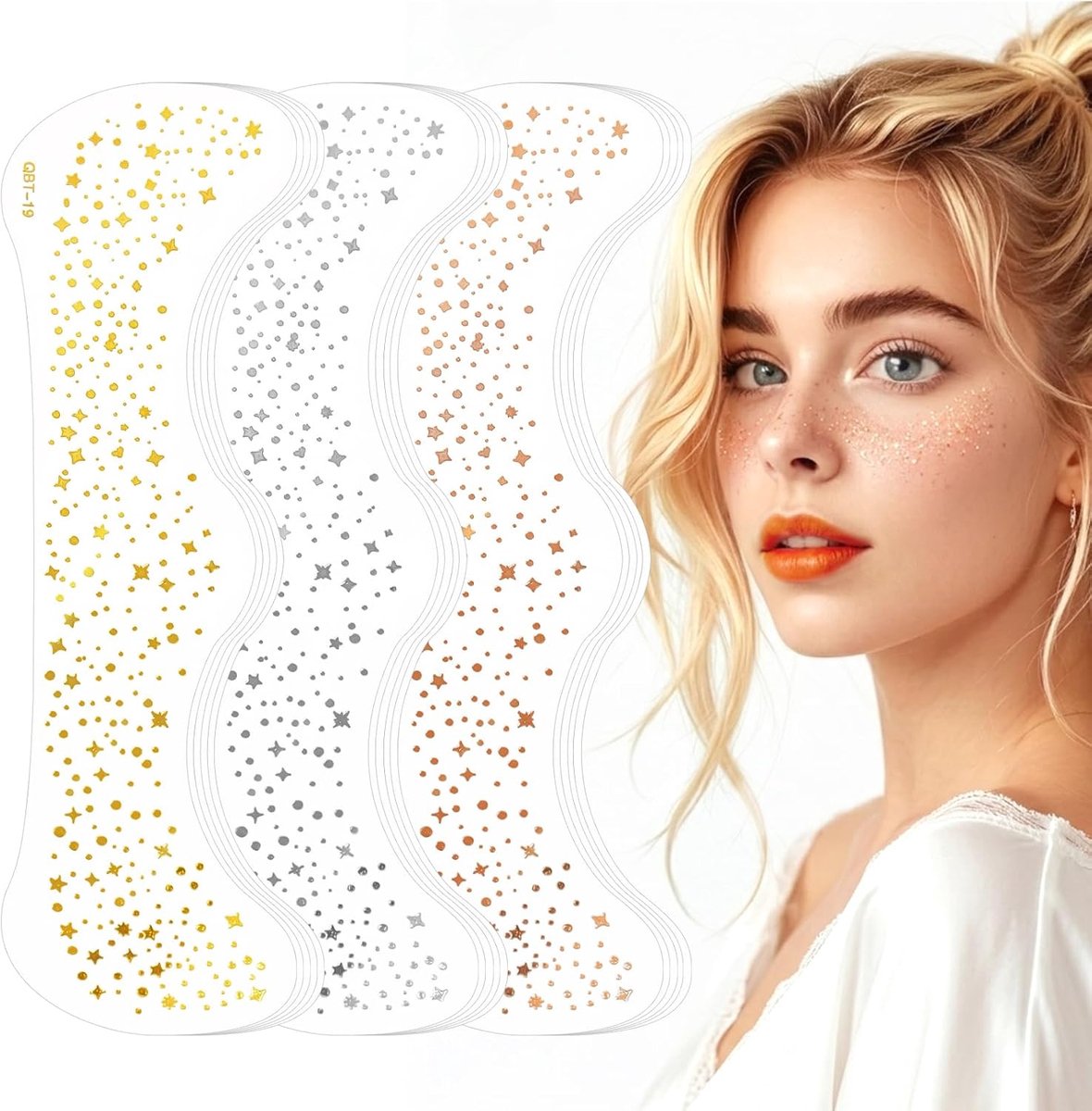 15 stuks glitter sproeten, goud, zilver, roségoud, tijdelijke gezichtstattoos, waterbestendig, meerkleurige nepsproeten voor festival en party, gemengde verpakking oudejaarsttatoeages