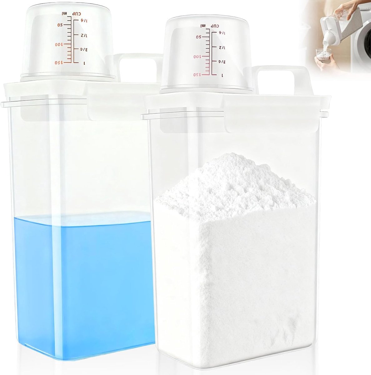 2 stuks 2300 ml wasmiddelopslag met maatbeker, waspoeder opbergdoos, luchtdichte wasmiddeldispenser, wasmiddelbox, doseerder, multifunctionele houder voor wasparfum, granen, rijst