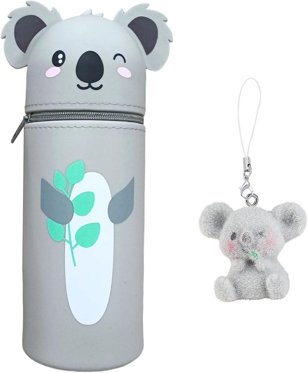 2-in-1 etui in zachte siliconen koala etui zakjes grote capaciteit en pennenhouder, intrekbare capaciteit, ritssluiting