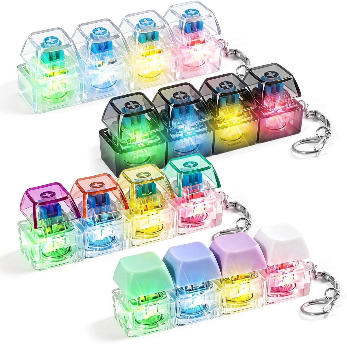 4-Delig Knoptoetsenbord Fidget-Speeltje met Sleutelhanger 4 Kleuren Draagbare Fidget-Sleutelhanger voor Stressverlichting, Angstverlichting,Duurzaam Fidget-Toetsenbord voor Kinderen en Volwassenen