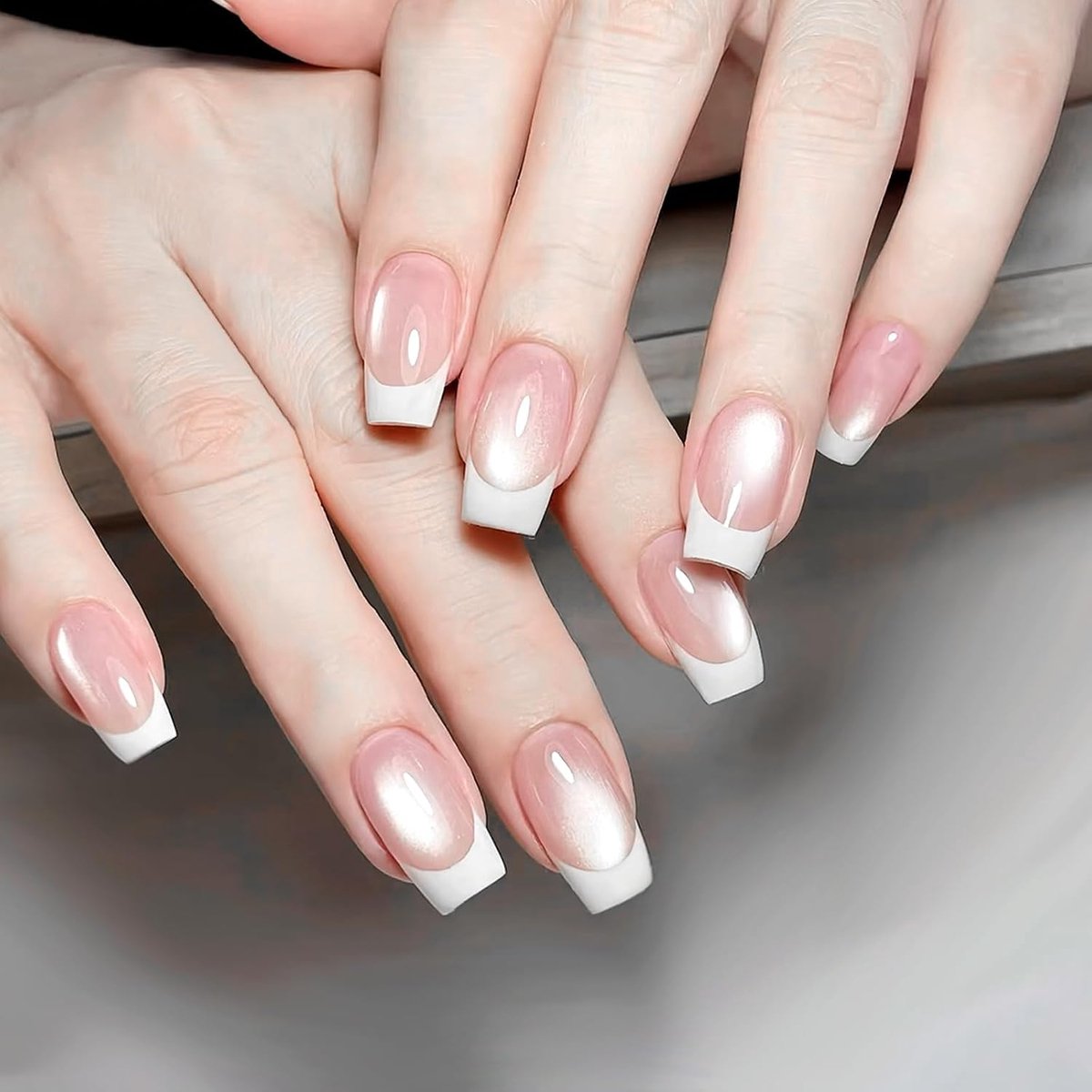Nails, kort, vierkant, roze, nude, roze, wit, Franse kattenoog, magnetisch, glitter, nepnagels, volledige dekking, kunstnagels, natuurlijk, hoekig, witte punt, acryl, kunstnagels