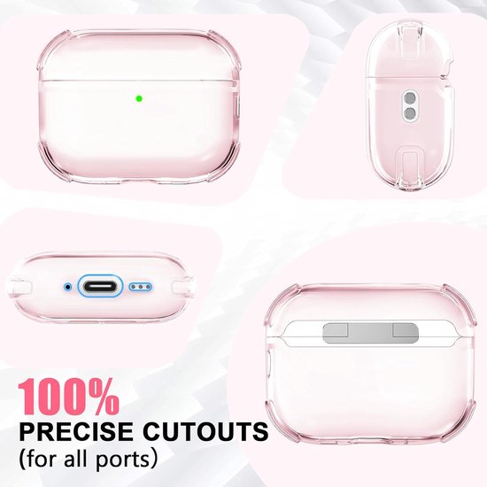 Transparante hoes compatibel met Airpods Pro 3e generatie met reinigingsset, beschermhoes compatibel met Airpods Pro 3 met polsband,ondersteuning voor draadloos opladen, schokbestendig(Roze) — afbeelding 2