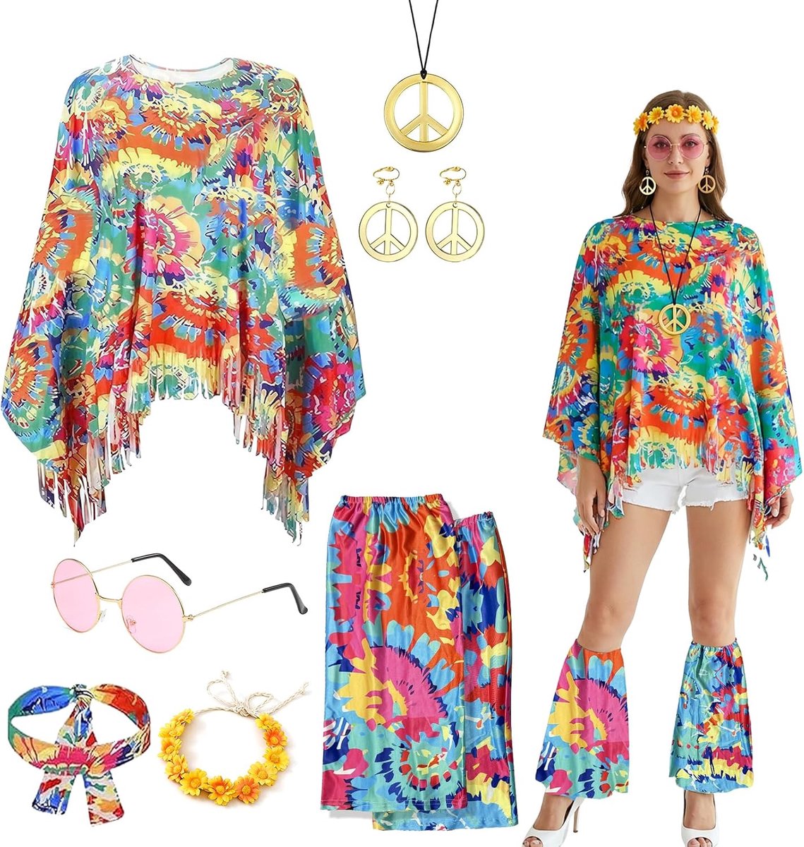 Hippiekostuum voor dames, jaren '60 en 70, hippiekleding, discooutfit, hippie-accessoires voor carnaval, discoparty, cosplay, themafeest