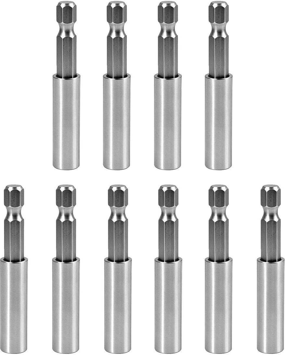 10 stuks magnetische bithouders 60 mm van roestvrij staal, 1/4 inch bitverlenging met snelwisseling, robuuste en roestvrije bithouder voor schroevendraaier, boormachine en slagmoersleutel