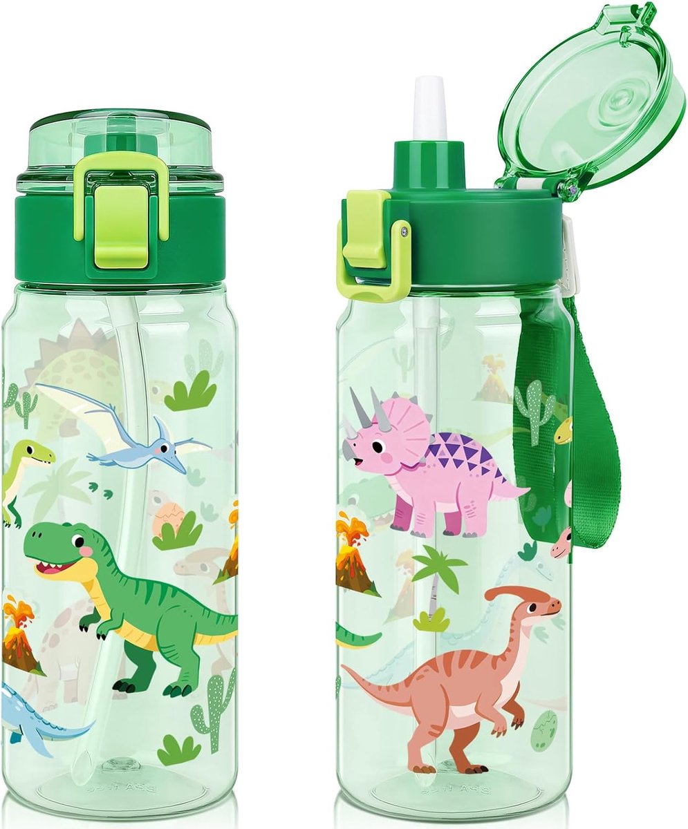 Kinderwaterfles voor school, 551 ml Lekvrij 2-in-1 Peuterwaterfles met opklapbare afneembare rietje, vaatwasserbestendig (Dinosaurus)
