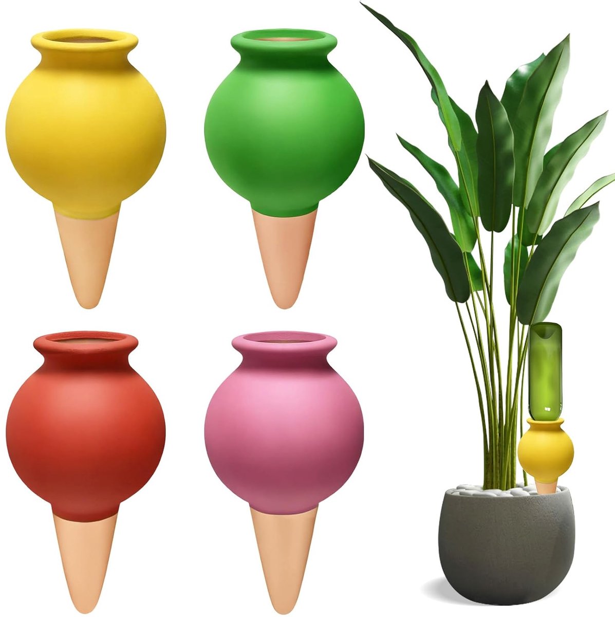 Wijnflesachtige look met automatische irrigatie, 100 ml, bruikbaar met wijnflessen, irrigatiekegel voor vakantie, kantoorplanten, balkonbakken (set van 4)