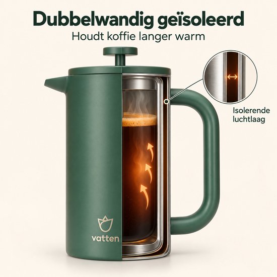Doorgesneden donkergroene Vatten French Press met dubbele wand en isolerende luchtlaag, houdt koffie warm.
