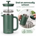 Donkergroene Vatten French Press, los filter, gladde RVS binnenkant, wordt schoongemaakt onder de kraan.