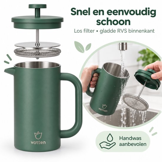 Donkergroene Vatten French Press, los filter, gladde RVS binnenkant, wordt schoongemaakt onder de kraan.