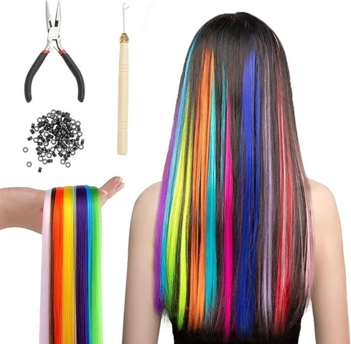 Kleurrijke veer haar extensions set van 50 stuks - synthetisch haar - haaraccessoires voor creatieve looks - feestelijke haarversiering
