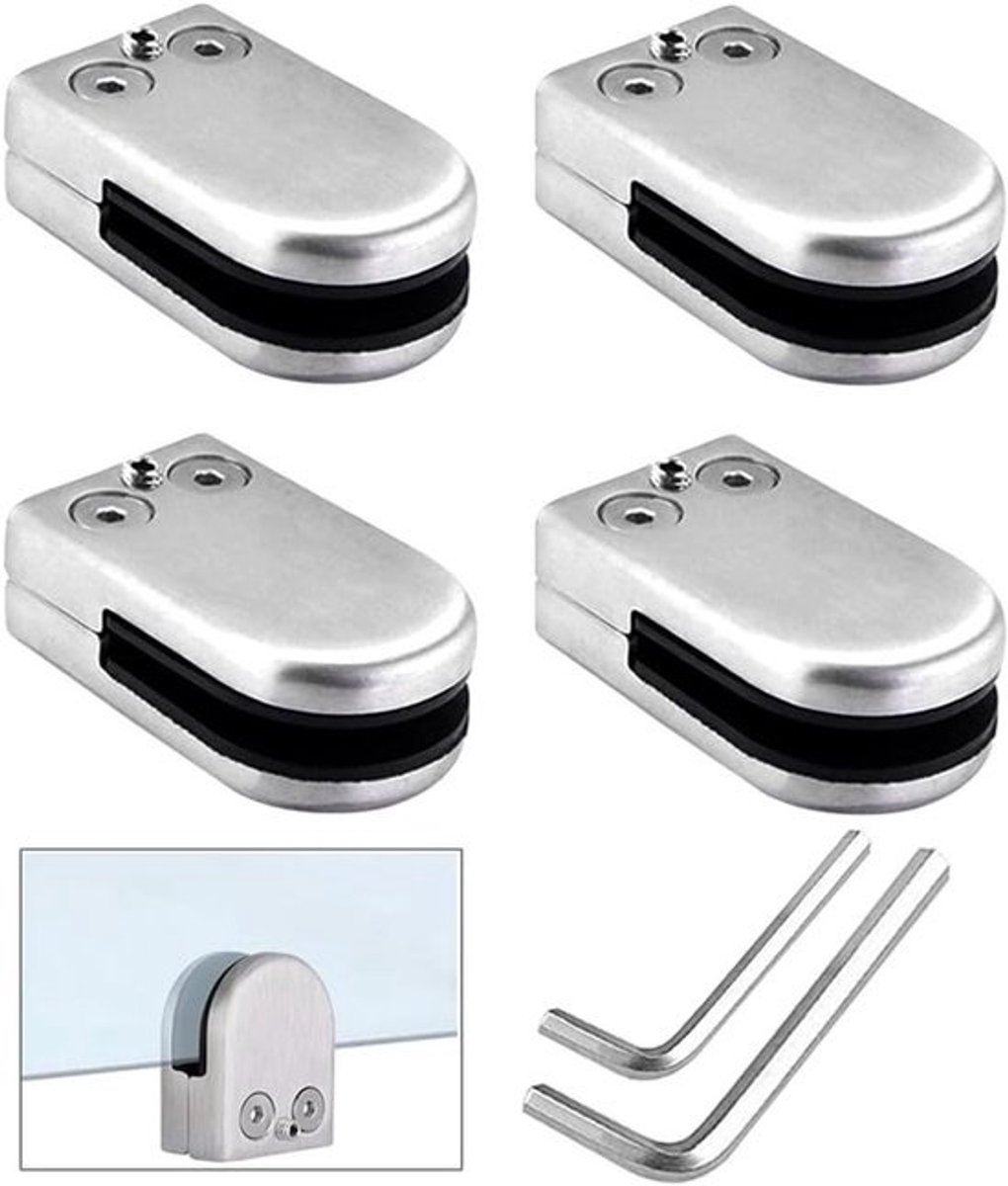 Set van 4 verstelbare glasklemmen van RVS voor balustrades en trapleuningen - Geschikt voor glas van 10-12mm
