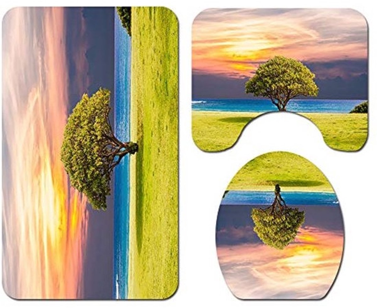Antislip Polyester Badmat Set met Voetstuk en WC-Bril Cover - Natuurlijke Landschapsdruk