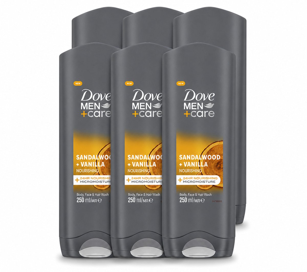 6 x Dove – Douchegel – Men+Care Sandalwood & Vanilla – 250 ml - Voordeelverpakking - 6 stuks