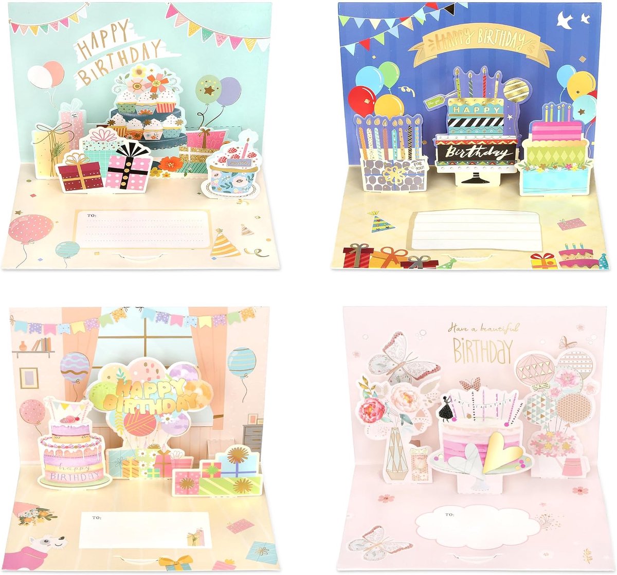 3D pop-up verjaardagskaarten - 8 stuks met kraftpapier enveloppen - 4