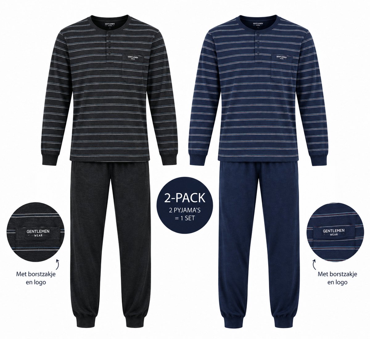 Gentlemen - 2-Pack Heren Pyjama 411141 - All Season - 2 Pyjama's - Grijs & Blauw - Maat XL